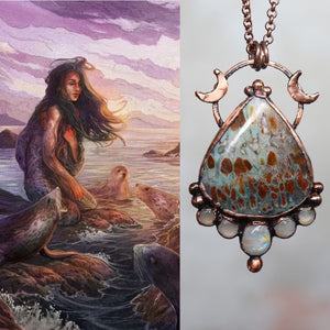 crystal jewelry inspired by fantasy with an image of the scottish myth Selkie next to it