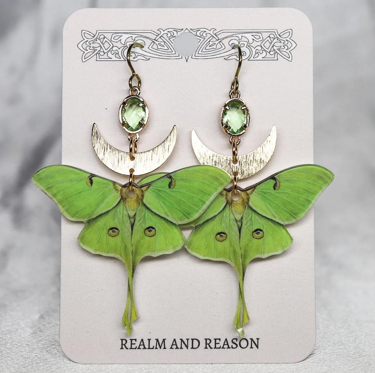 Green Gem Luna Moth Earrings