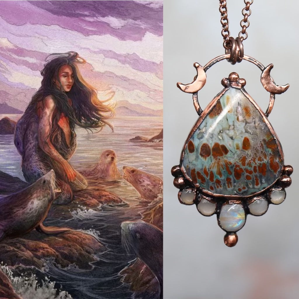 crystal jewelry inspired by fantasy with an image of the scottish myth Selkie next to it