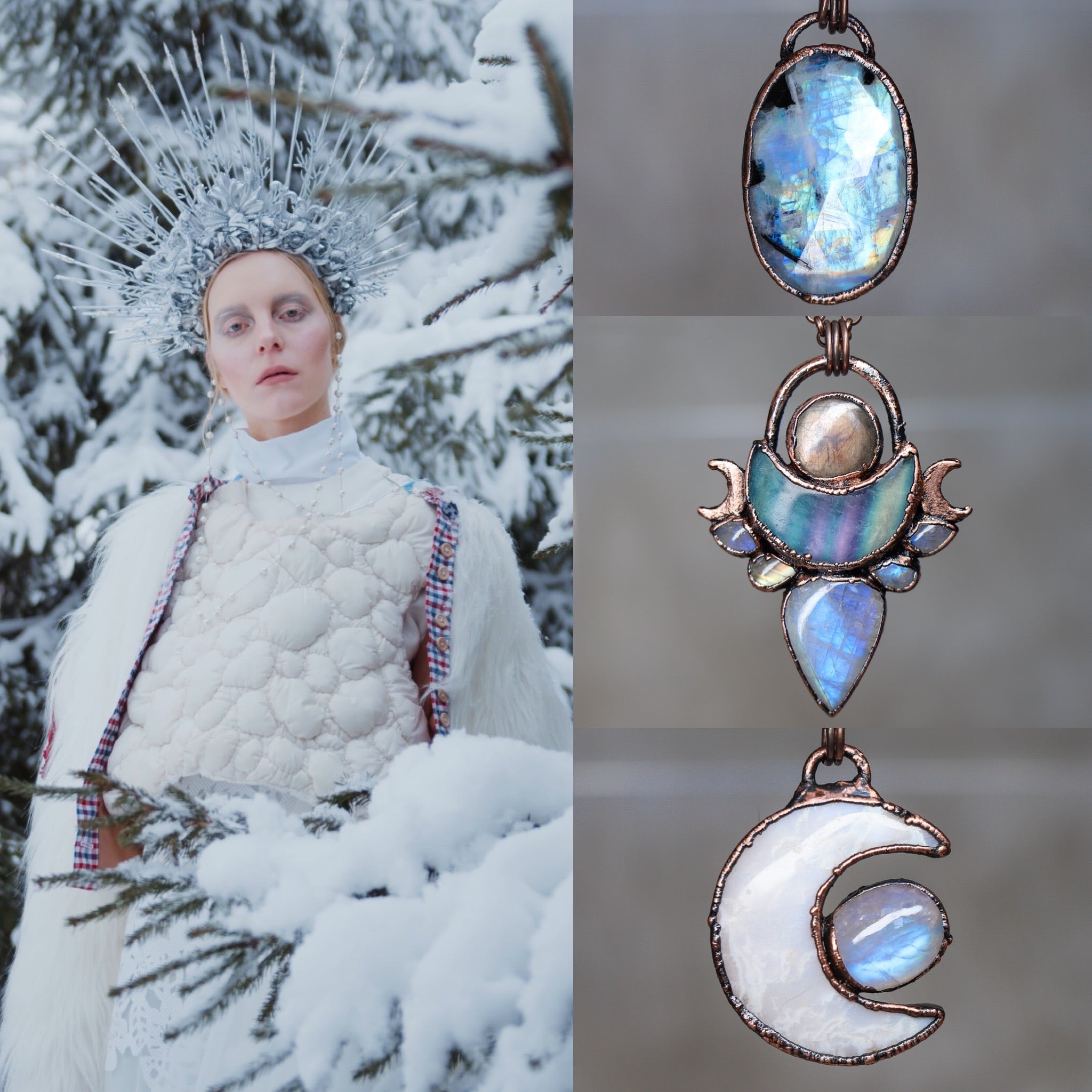 Three fantasy style crystal necklaces inspired by Scottish myth and legend