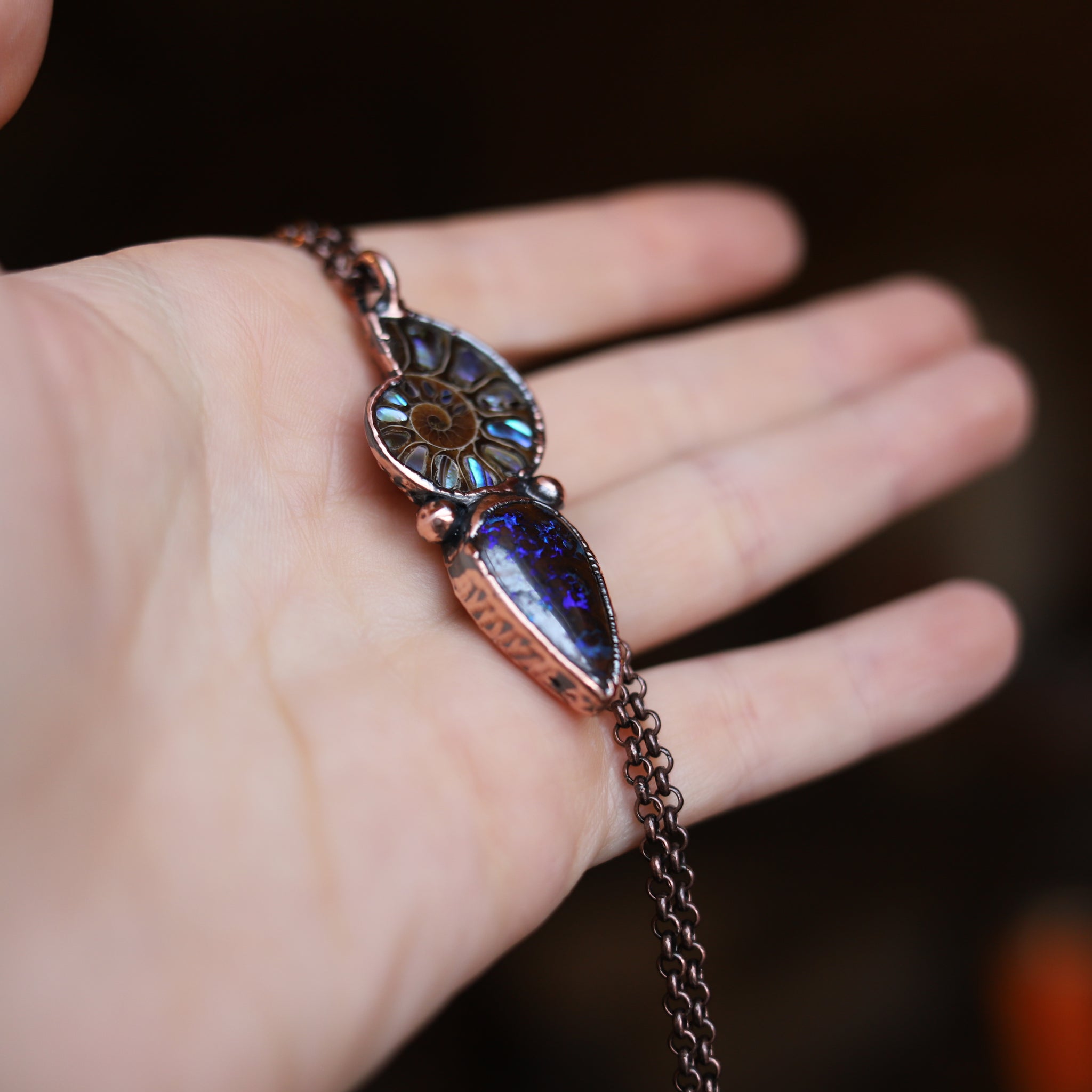 Abalone Inlayed Ammonite + Australian Opal Necklace