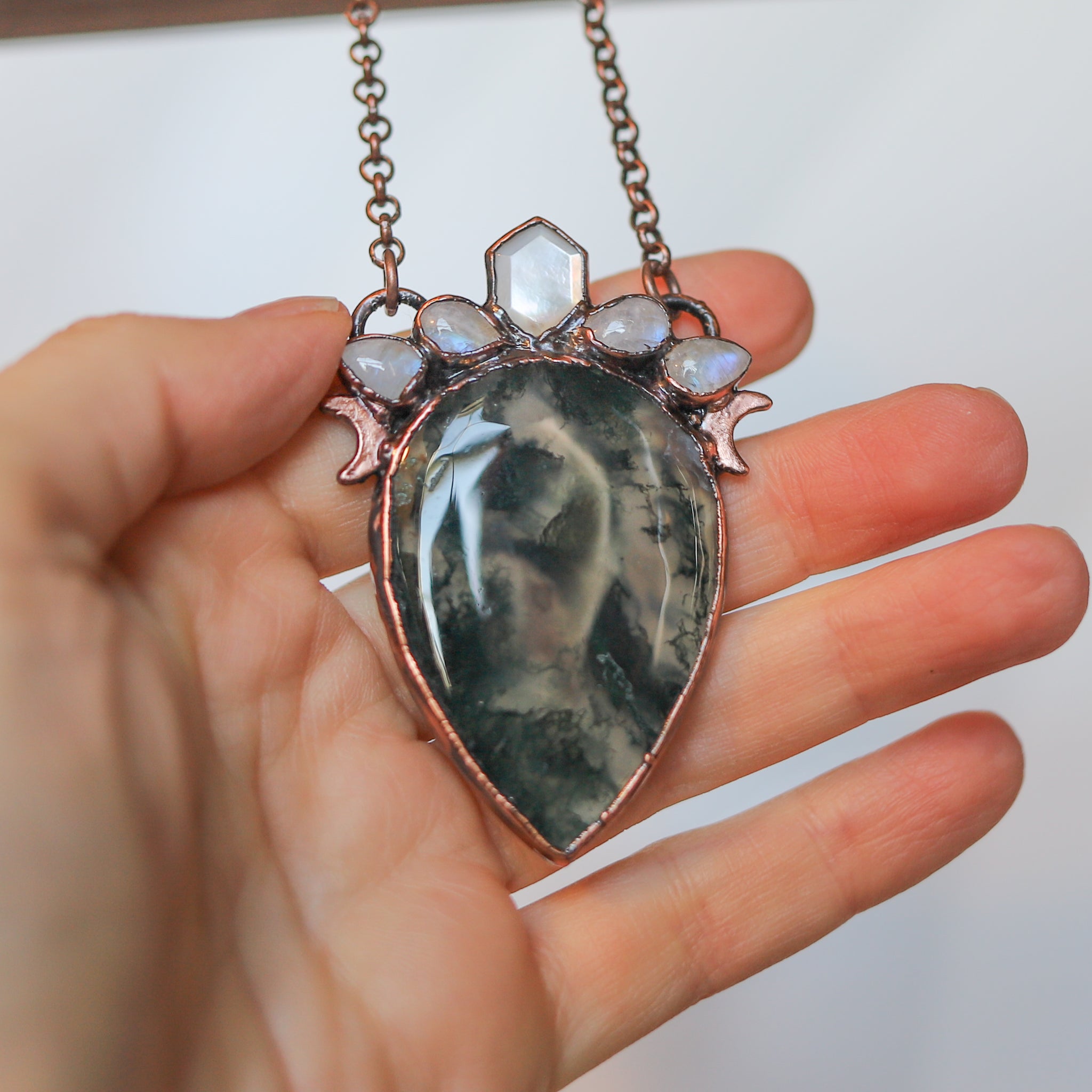 Moss Agate + Pearl Fairy Necklace