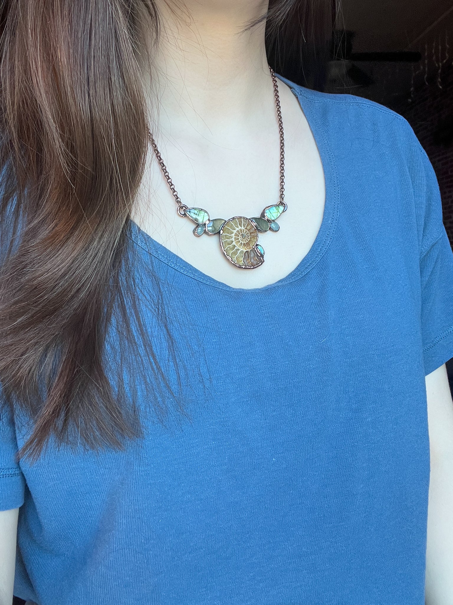 Ammonite, Labradorite, Aquamarine Bib Necklace