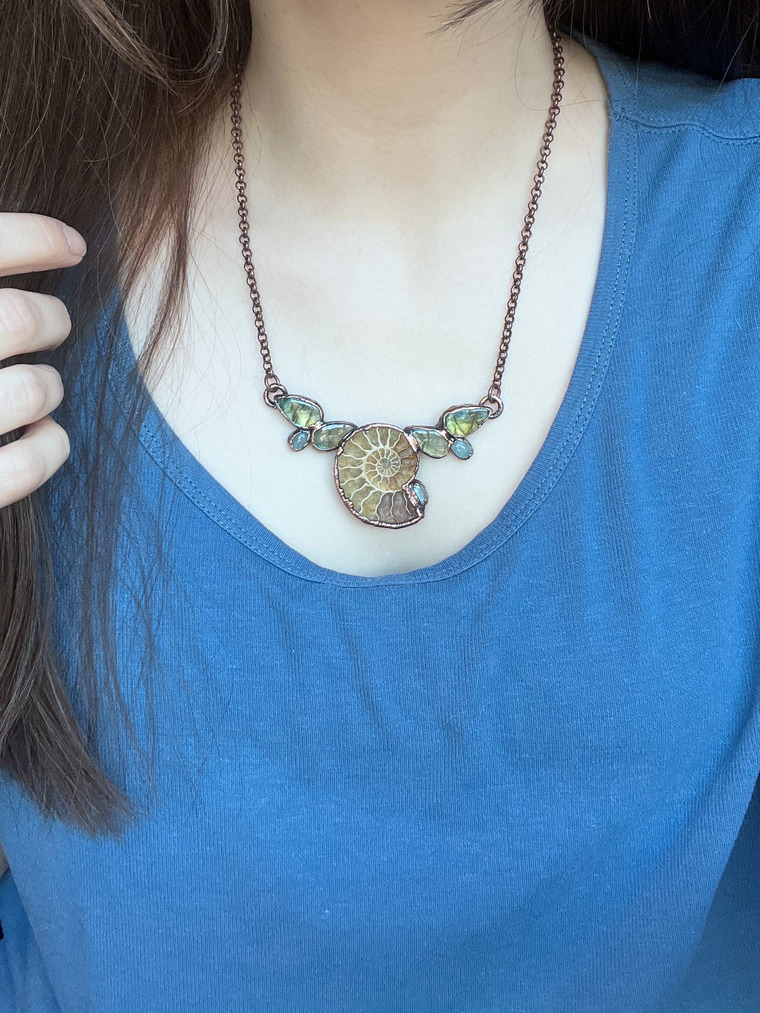 Ammonite, Labradorite, Aquamarine Bib Necklace