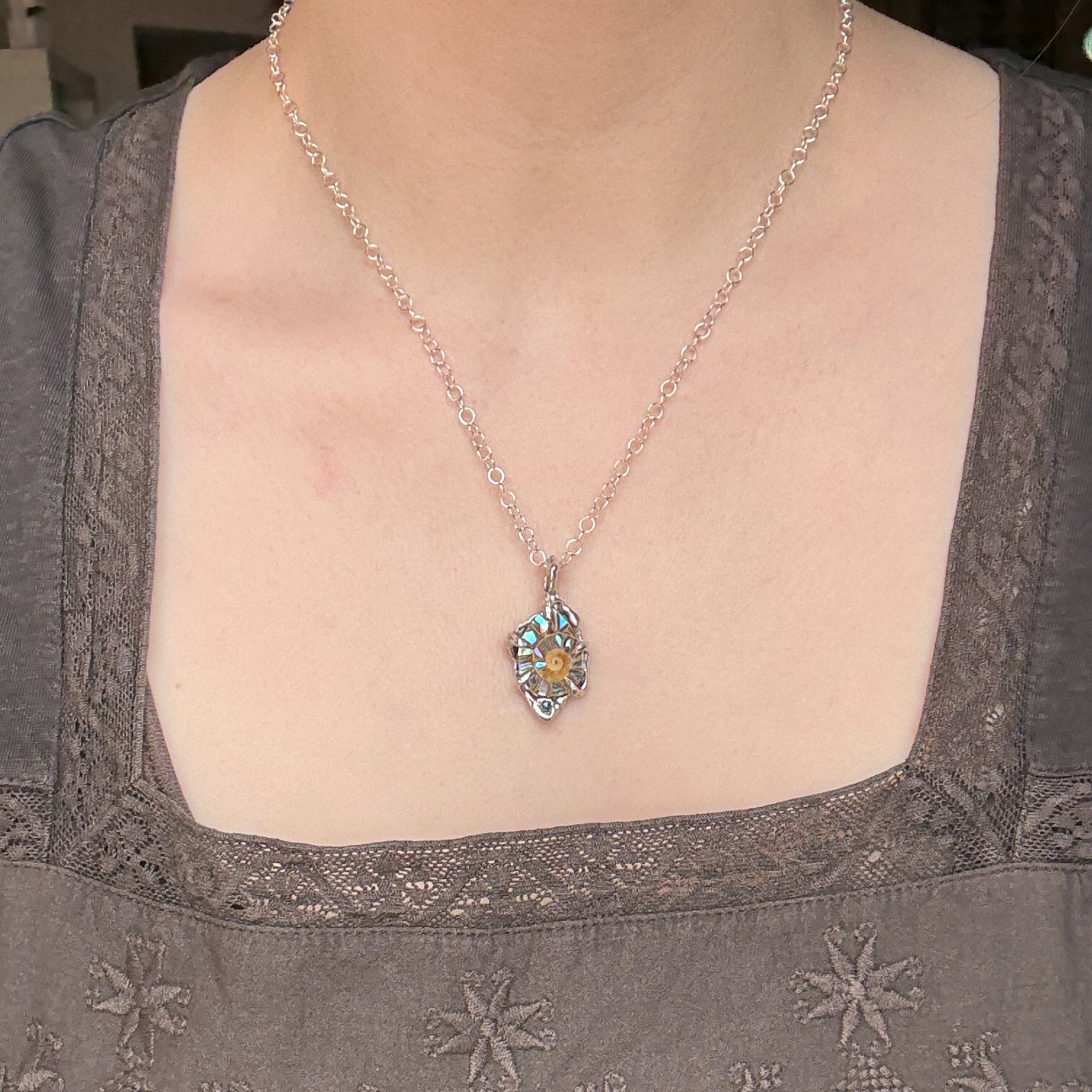 Abalone Ammonite & Emerald Necklace - a