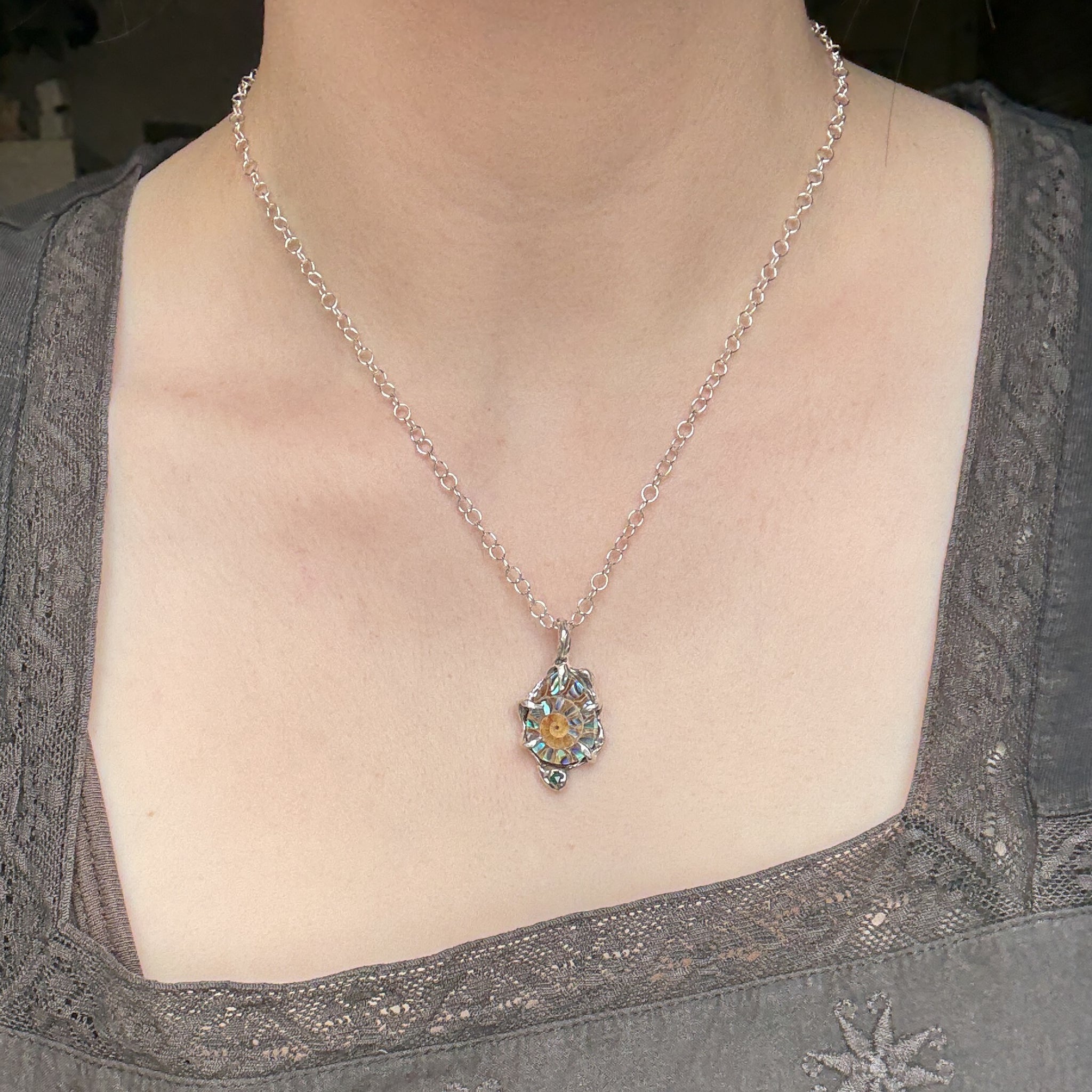 Abalone Ammonite & Emerald Necklace - b