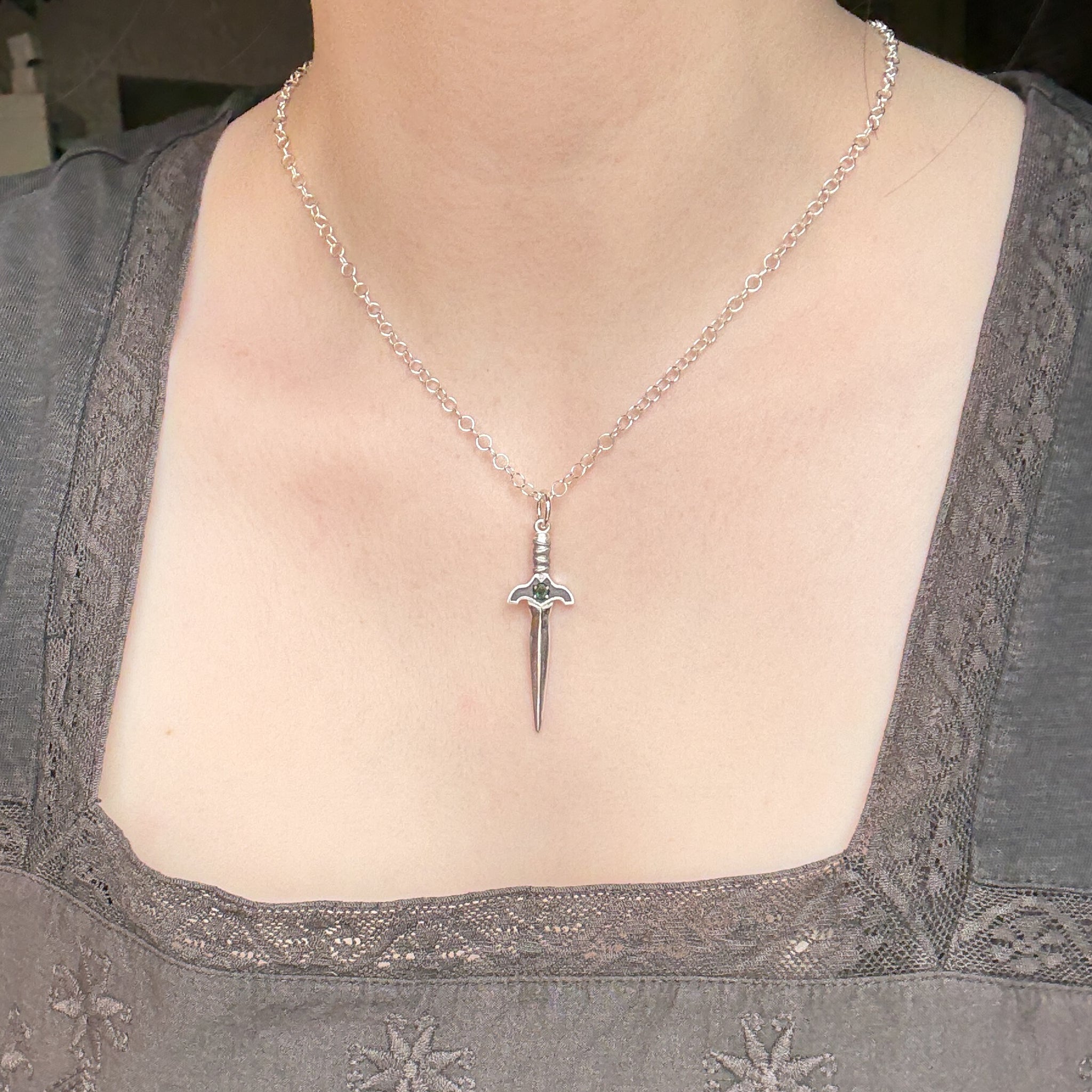 Silver Sword Necklace - Emerald