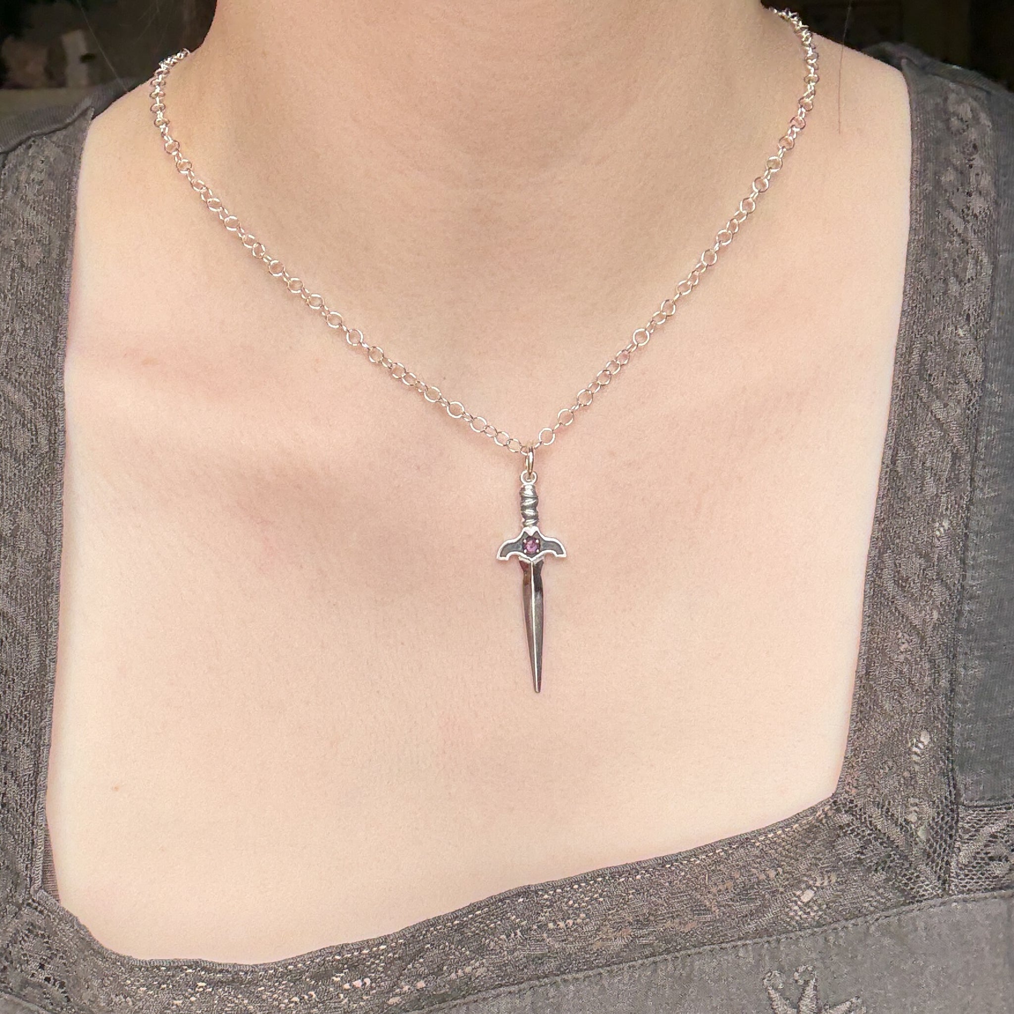 Silver Sword Necklace - Amethyst