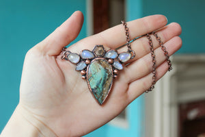Opal Wood & Gold Sapphire Cluster Necklace