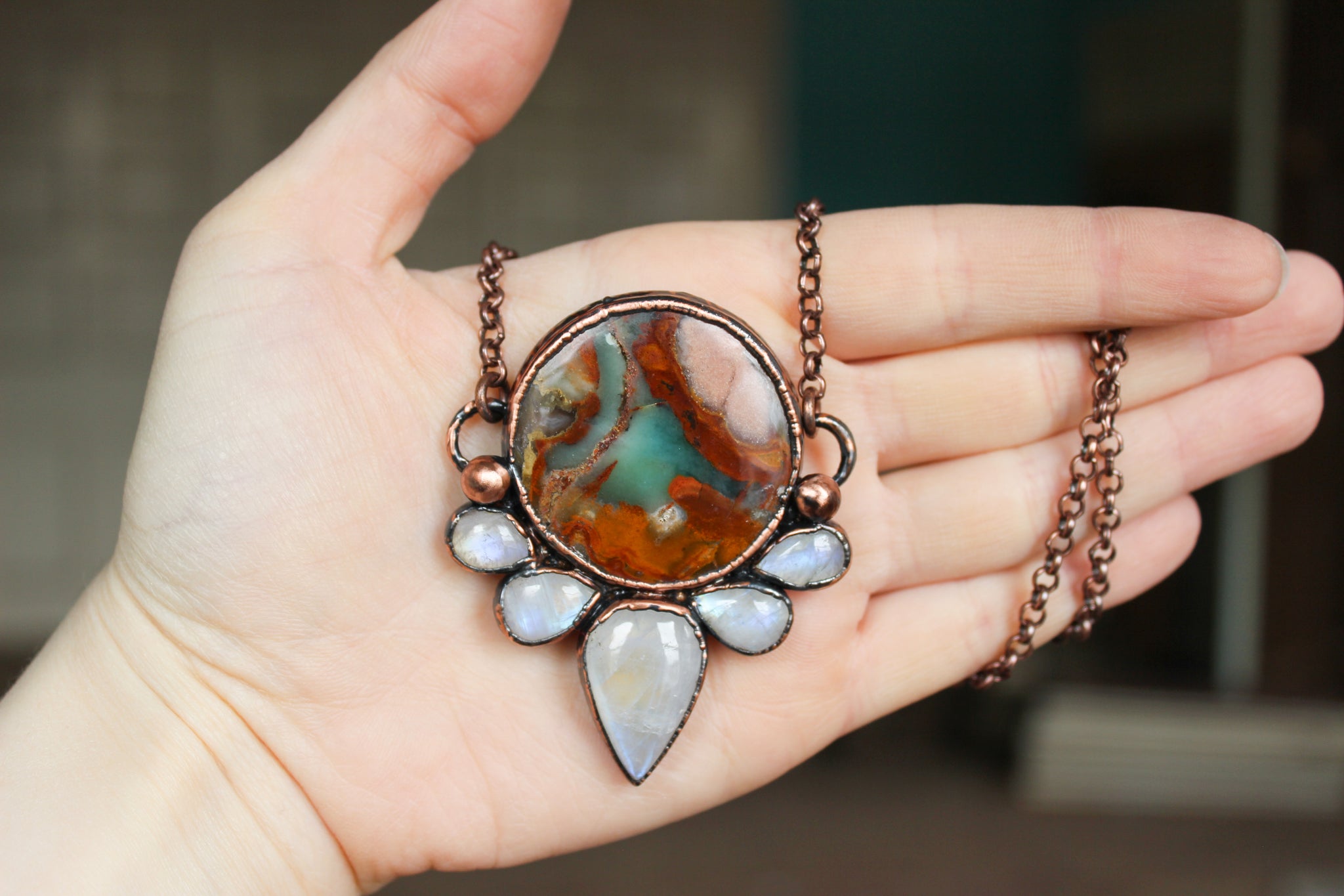 Opalized Fossil Wood Moon Phase Necklace