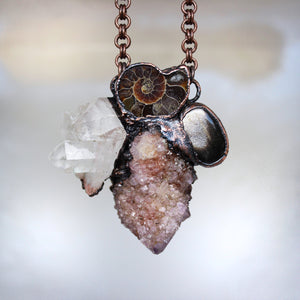 Spirit Quartz, Black Sunstone, Ammonite, Clear Quartz Necklace