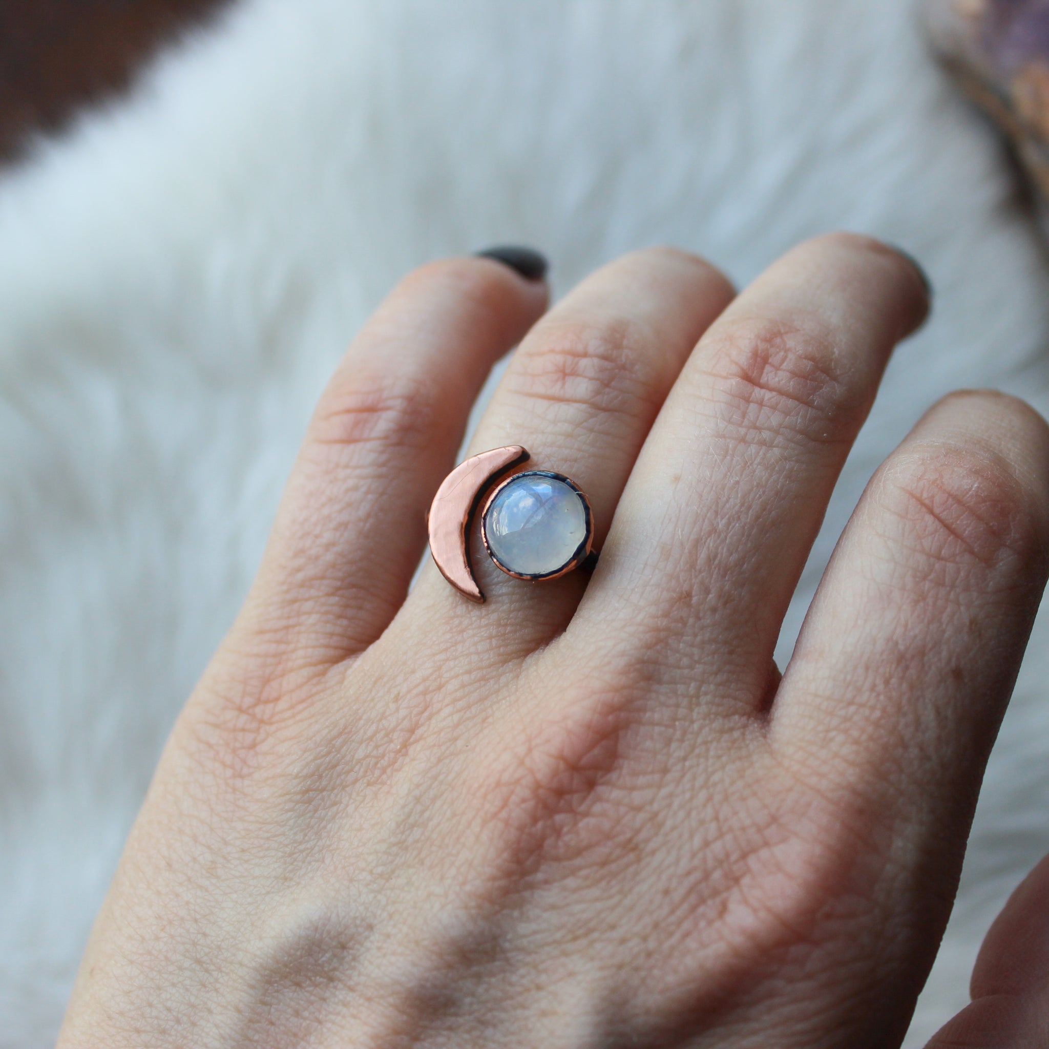 Crescent Ring with Rainbow Moonstone Size 5.25
