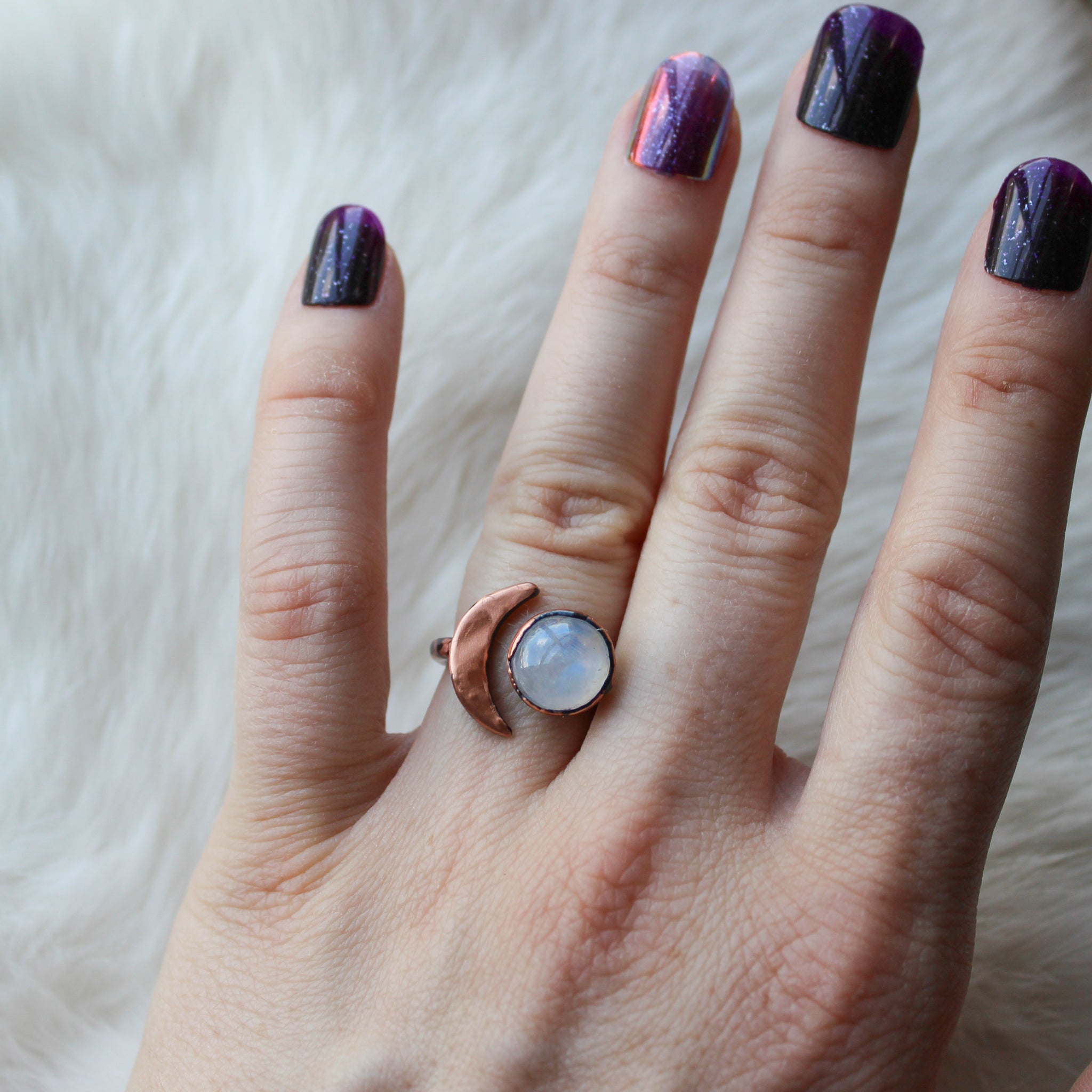 Crescent Ring with Rainbow Moonstone Size 5.25