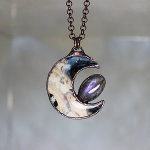Fossilized Palm Root Moon with Purple Labradorite - C