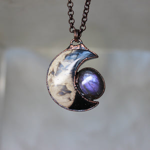 Fossilized Palm Root Moon with Purple Labradorite - B