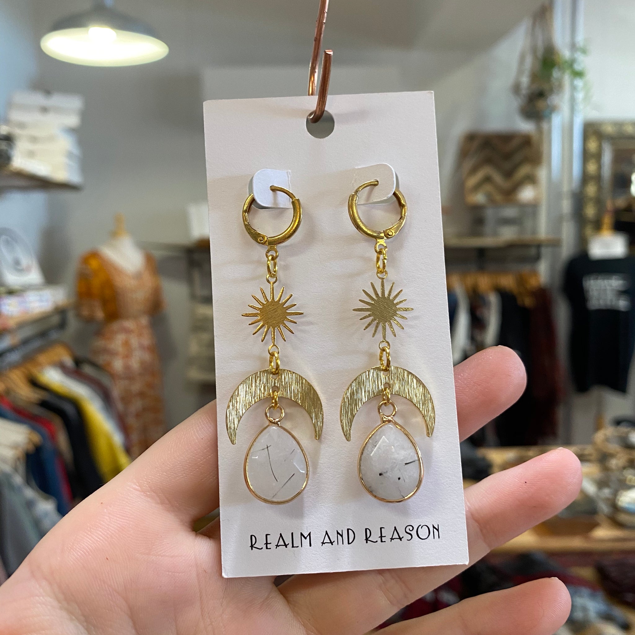 Brass Earrings with Tourmalinated Quartz