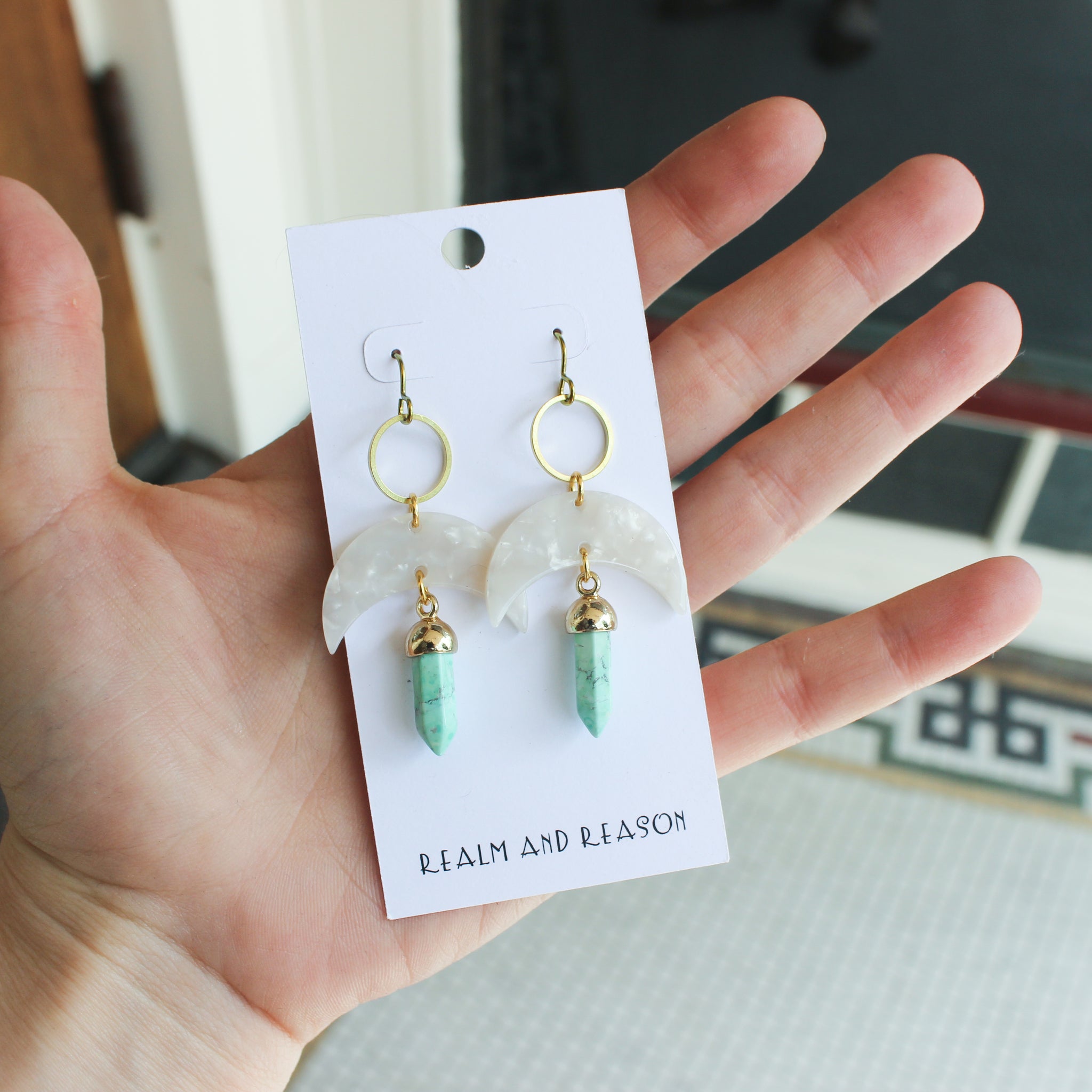 Brass Earrings with Amazonite & Crescent Moons