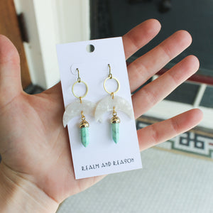 Brass Earrings with Amazonite & Crescent Moons