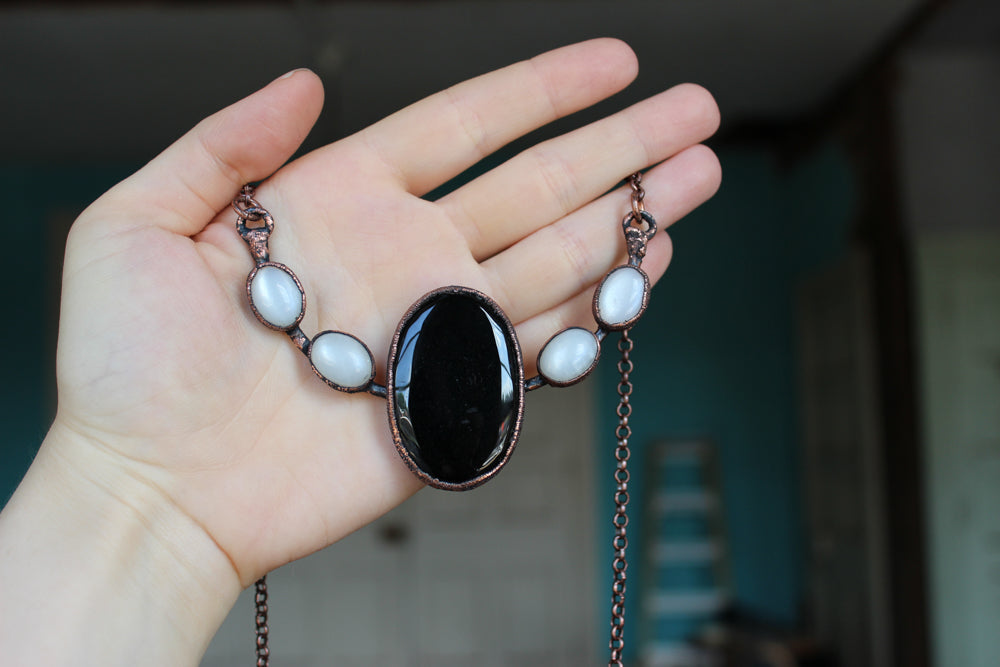 Black Onyx and White Moonstone Bib Necklace