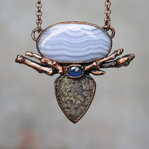 Blue Lace Agate, Moss Agate Twig Necklace