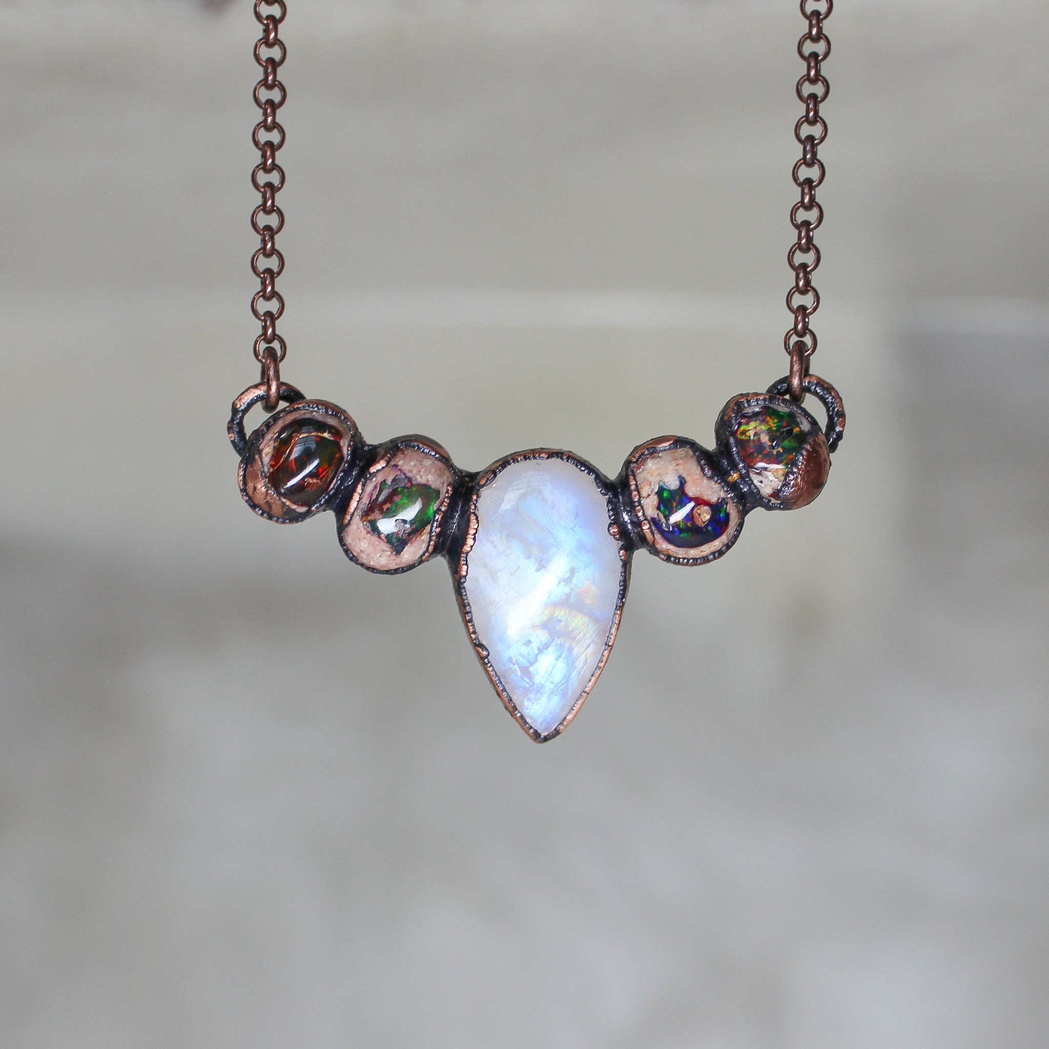 Rainbow Moonstone and Galaxy Opal Bib Necklace