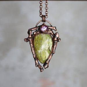 Cat's Eye Green Opal Twig Necklace with Ruby