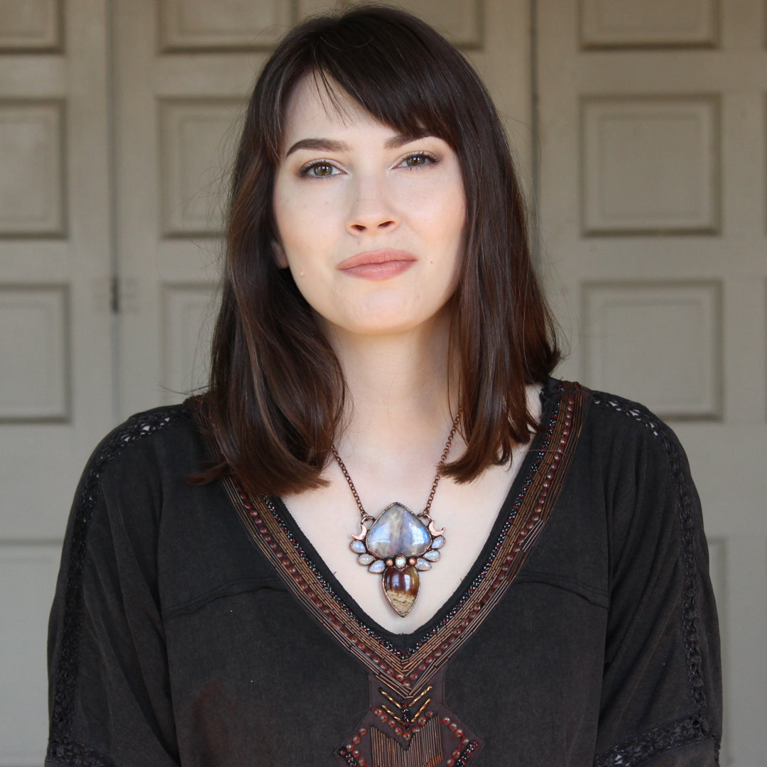 Sun/Moonstone & Amber Necklace - a