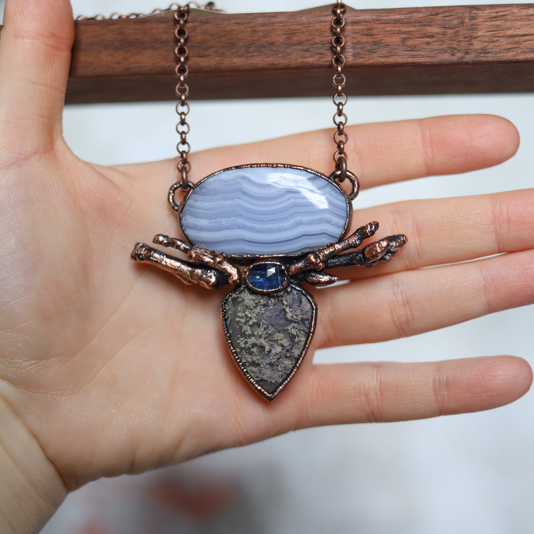 Blue Lace Agate, Moss Agate Twig Necklace