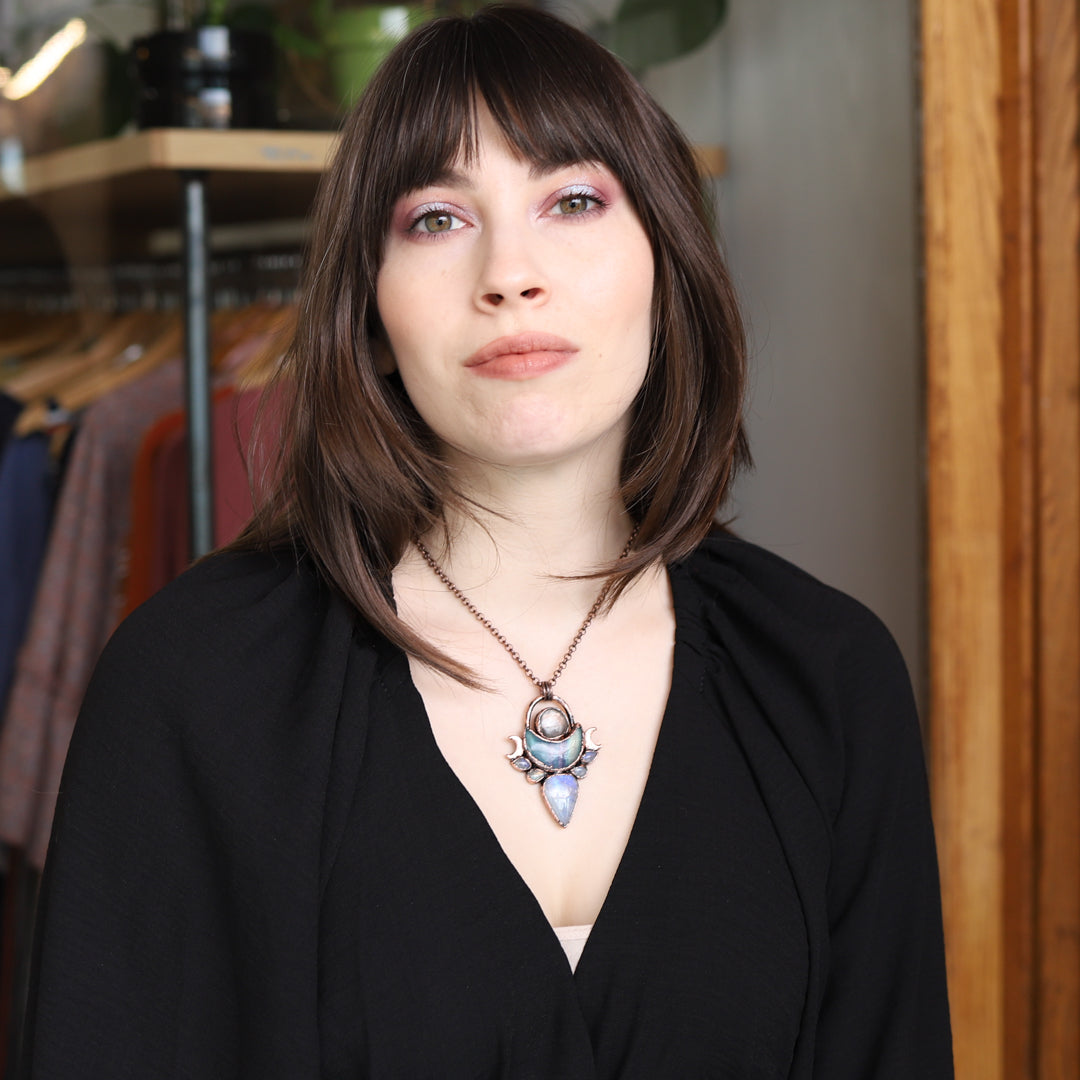 Sapphire, Moonstone & Flourite Crescent Necklace