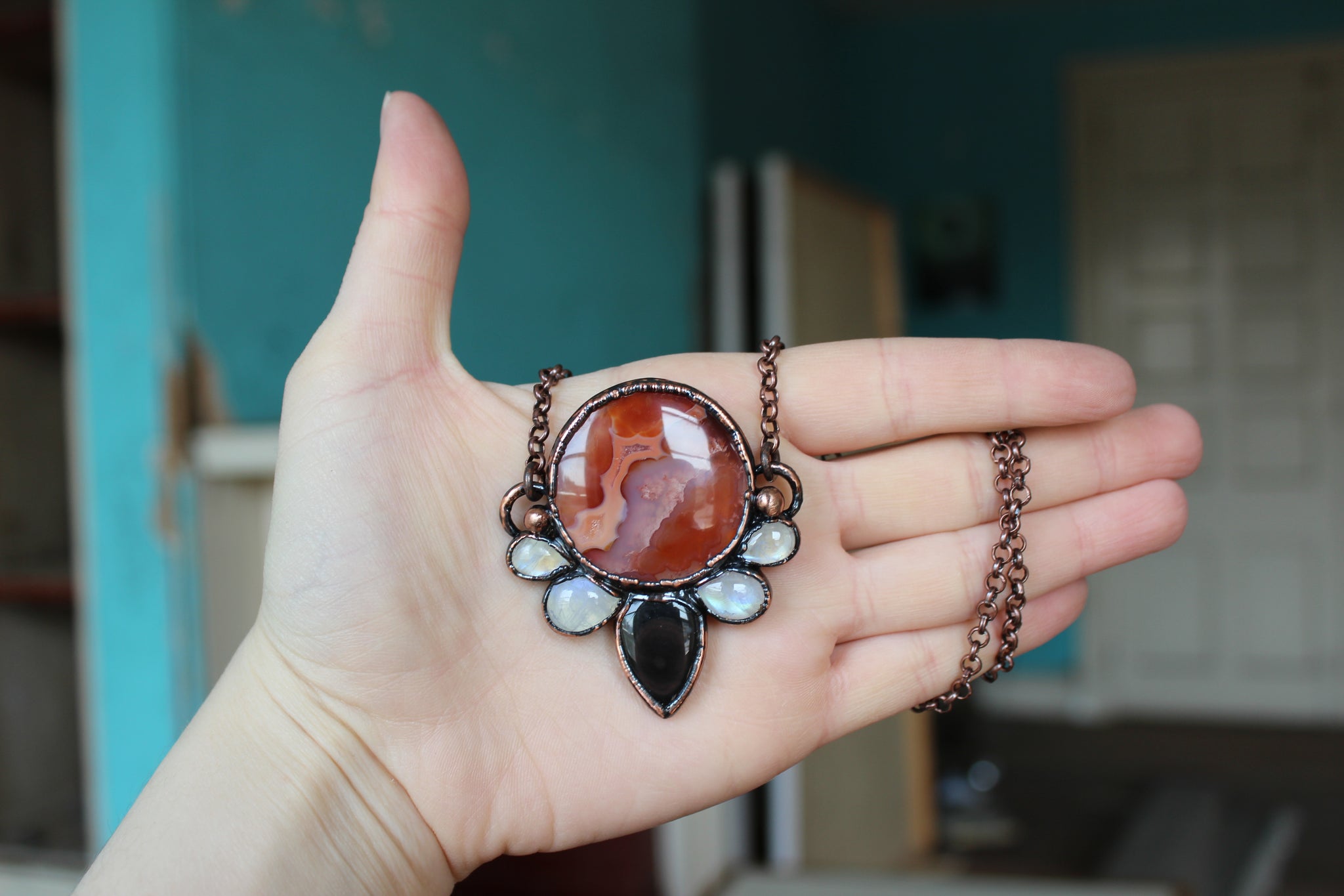 Carnelian + Gold Obsidian Moon Phase Necklace