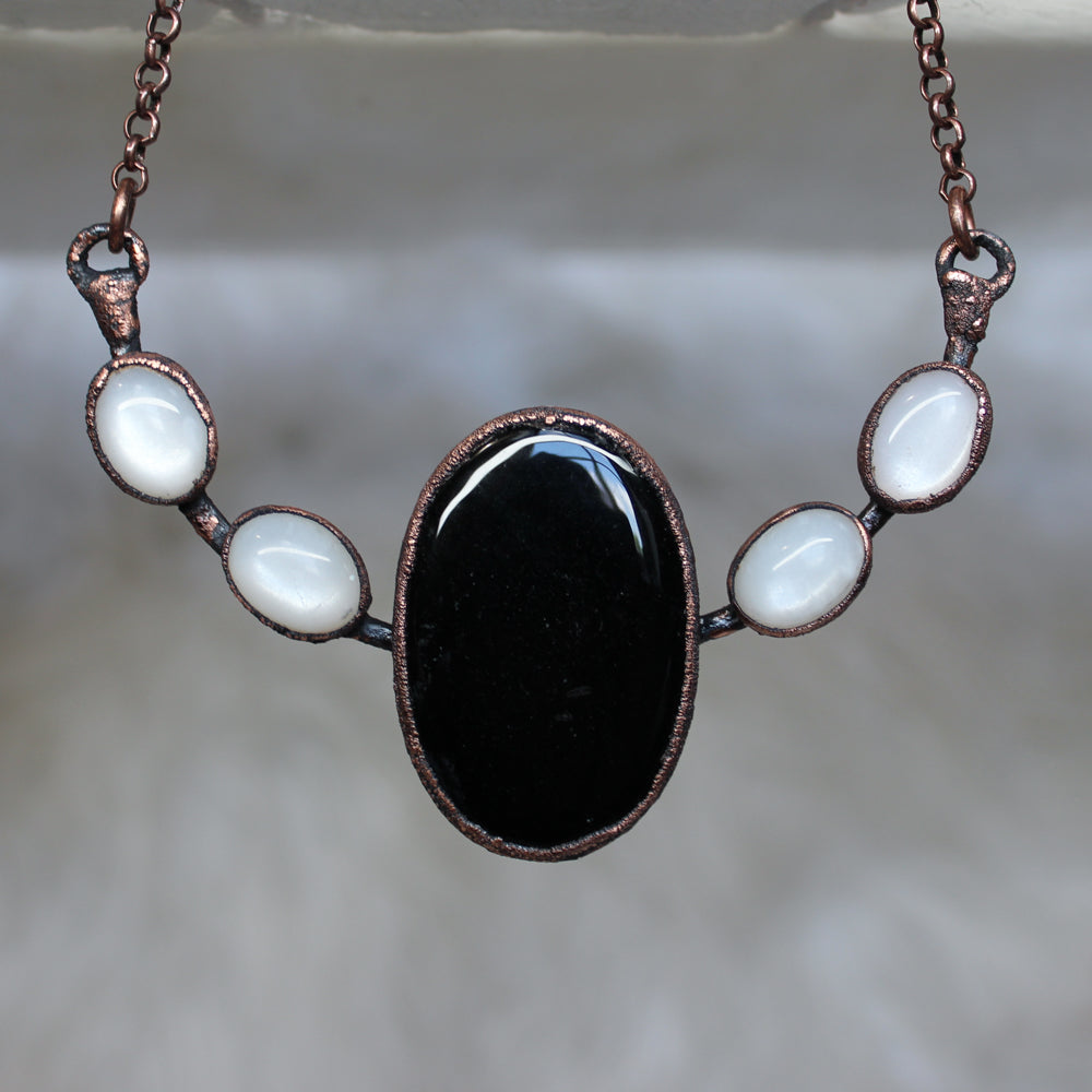 Black Onyx and White Moonstone Bib Necklace