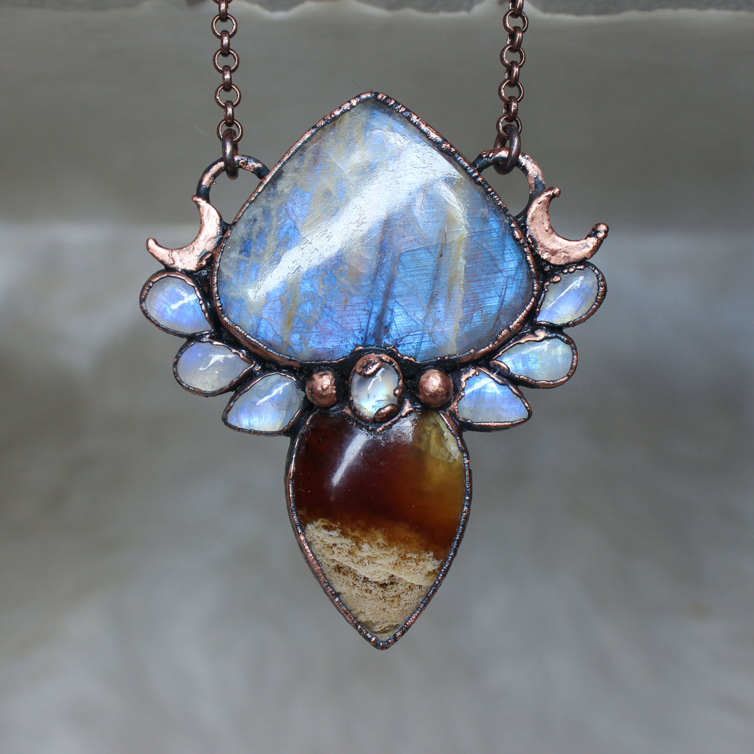 Sun/Moonstone & Amber Necklace - a