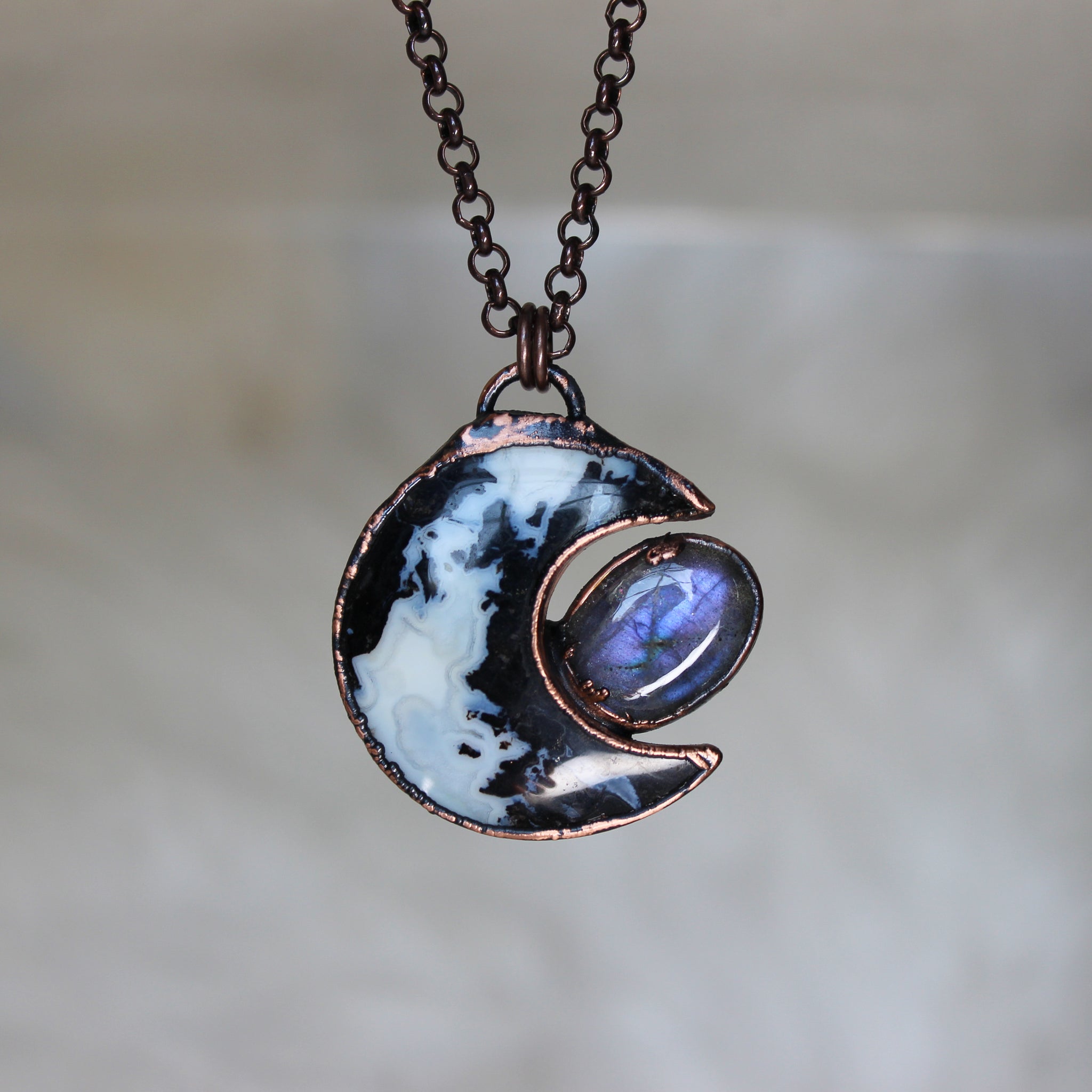 Fossilized Palm Root Moon with Purple Labradorite