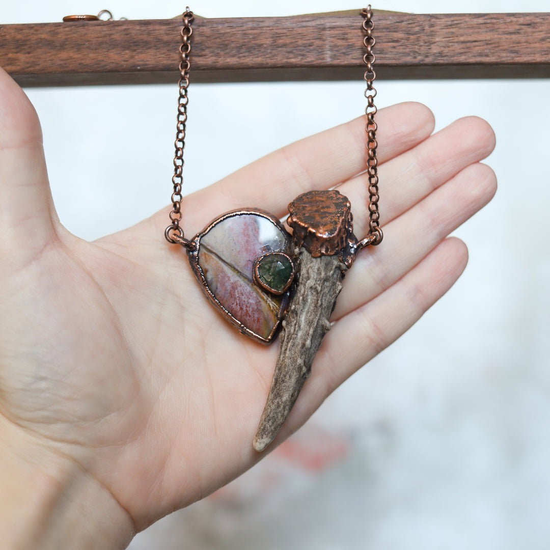 Chalcedony & Moss Agate Antler Necklace