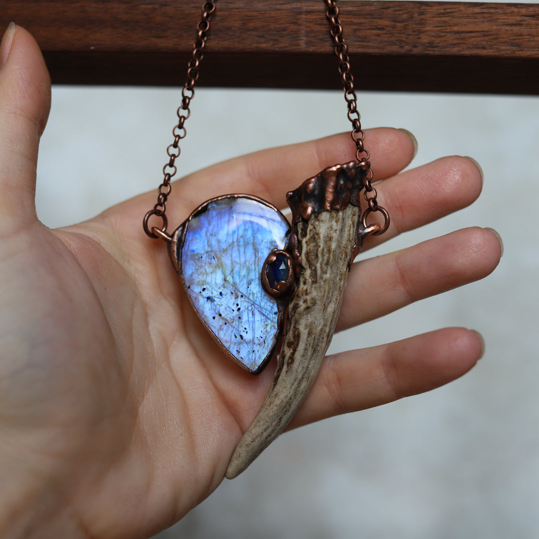 Rainbow Moonstone Antler Necklace