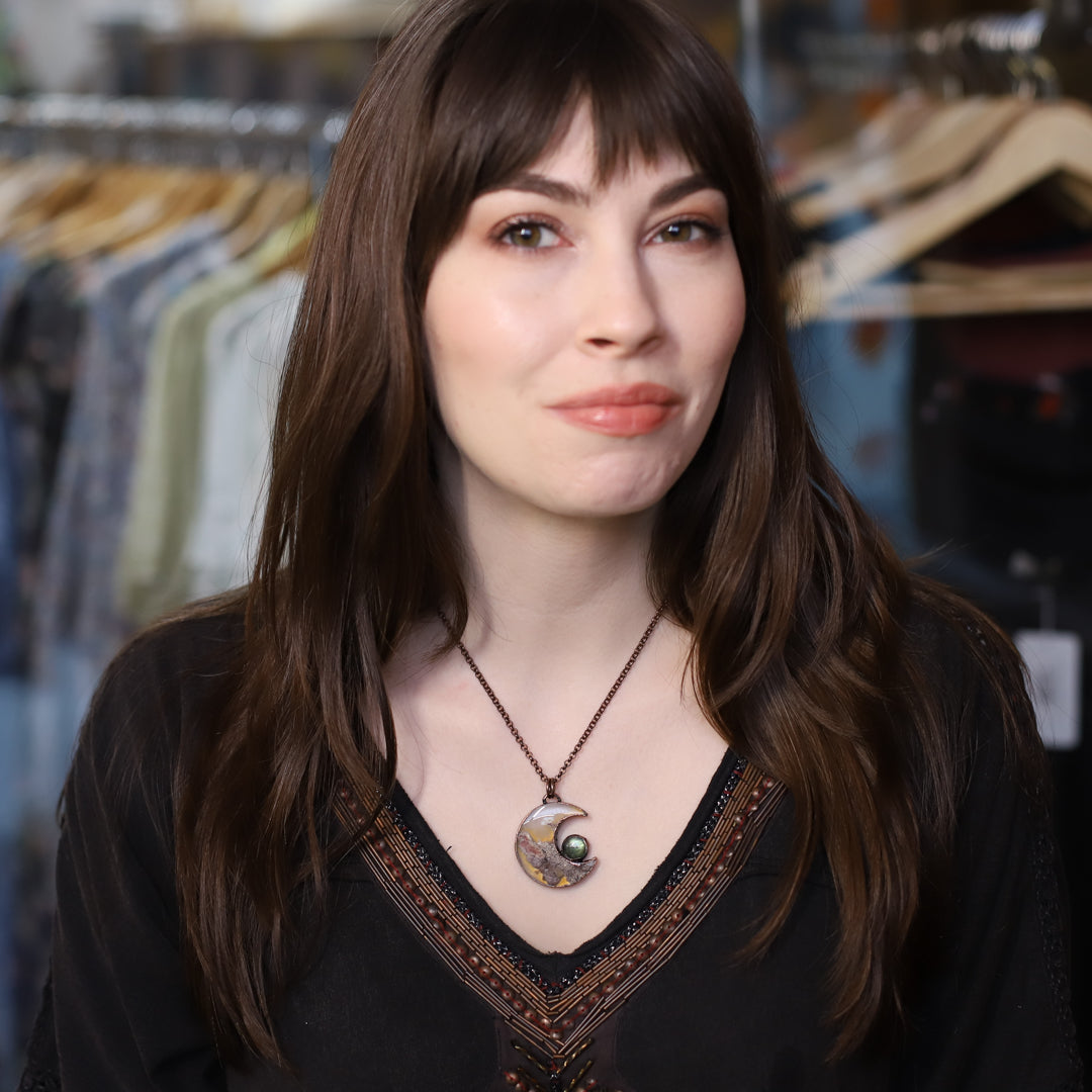 Moss Agate & Labradorite Moon Necklace - b