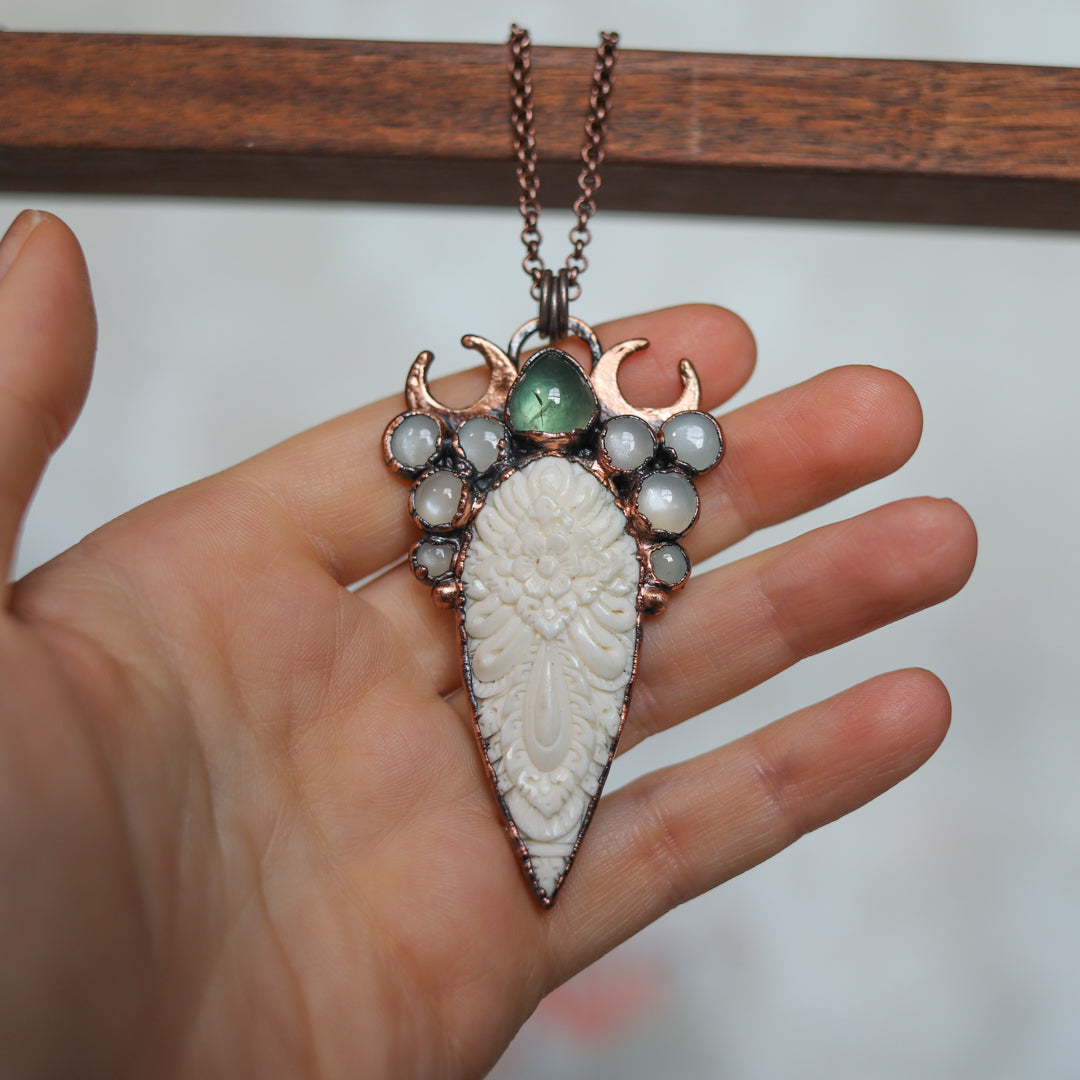 Carved Bone, Apatite & Moonstone Fae Necklace