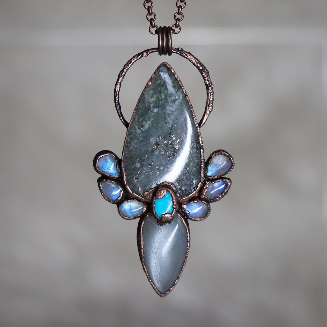 Specular Hematite, Gray Moonstone & Turquoise Necklace