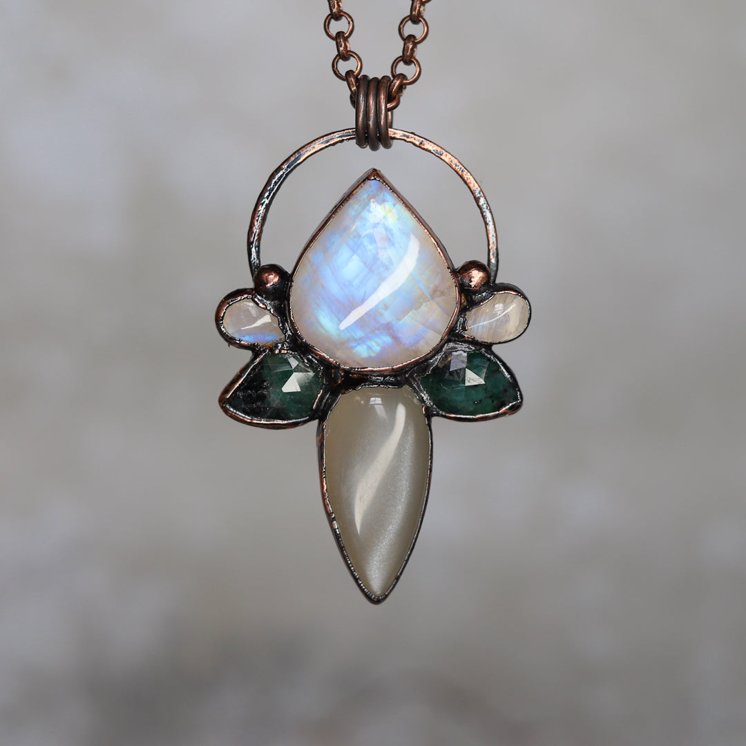 Rainbow & Gray Moonstone with Emerald Necklace