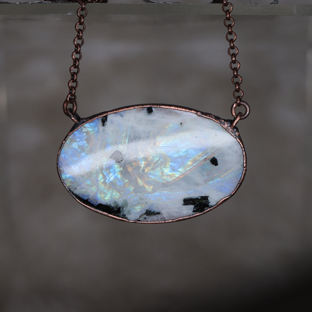 XL Rainbow Moonstone with Black Tourmaline necklace