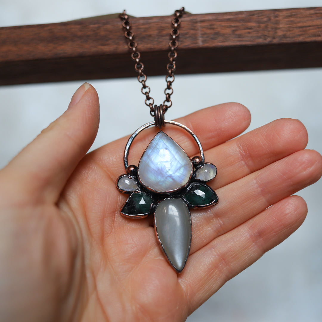 Rainbow & Gray Moonstone with Emerald Necklace