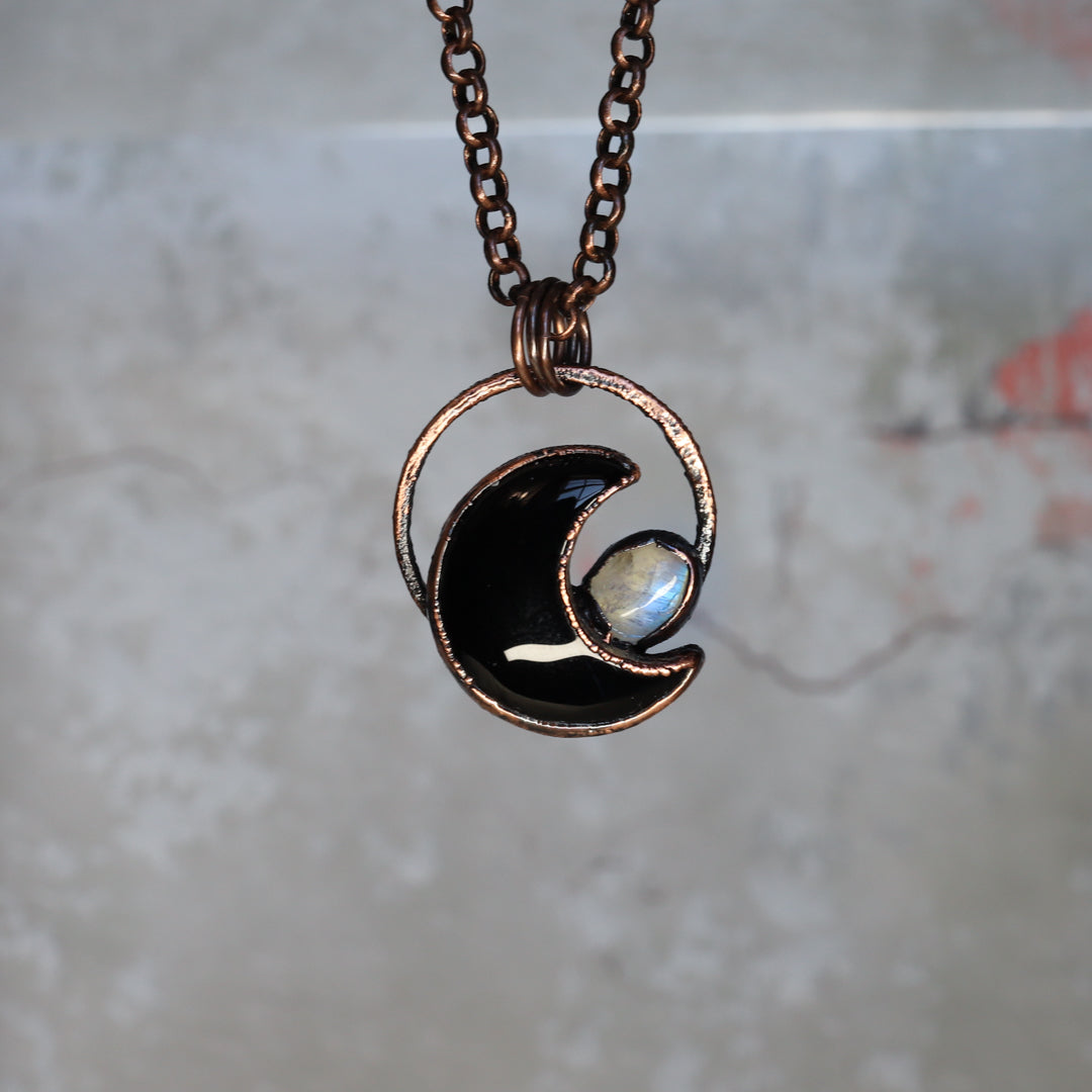 Onyx and Rainbow Moonstone Crescent Necklace