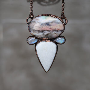 Pink Peruvian Opal, Scolecite & Rainbow Moonstone Necklace