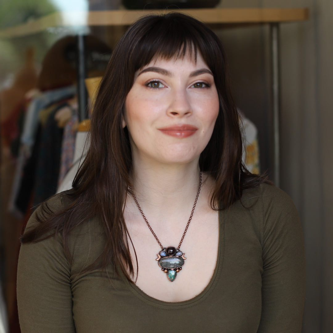 Turquoise, Graphite Quartz & Garnet Necklace