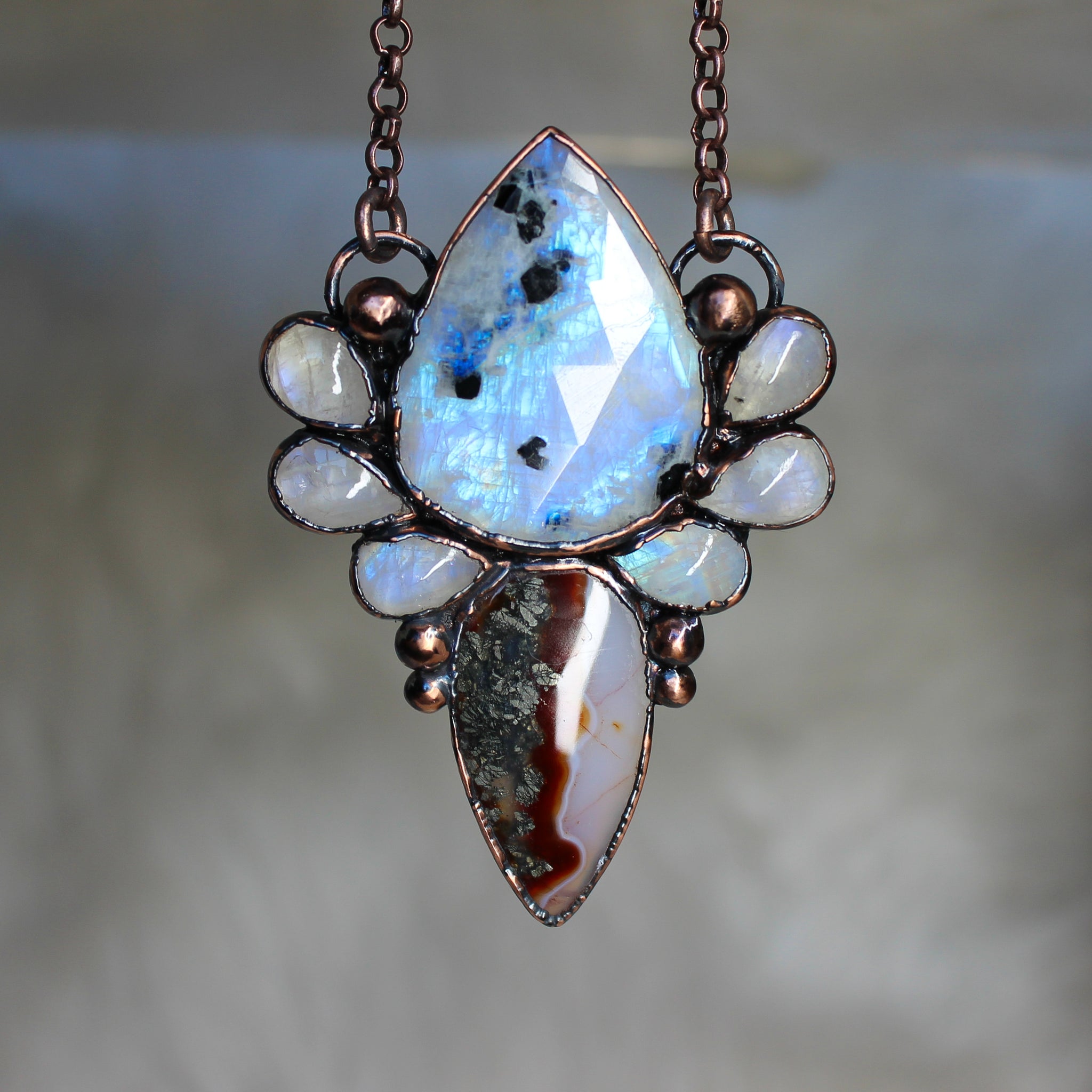 Pyrite Agate + Moonstone Cluster Necklace