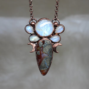 Marcasite in Red Agate with Rainbow Moonstone Necklace
