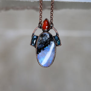 Rainow Moonstone, Moss Kyanite & Garnet Necklace