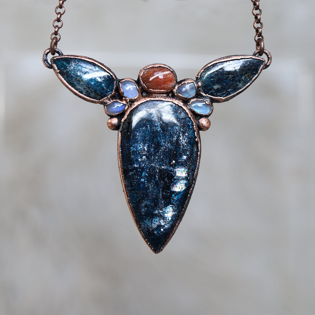 Moss Kyanite, Sunstone & Moonstone Cluster Bib Necklace