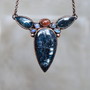Moss Kyanite, Sunstone & Moonstone Cluster Bib Necklace