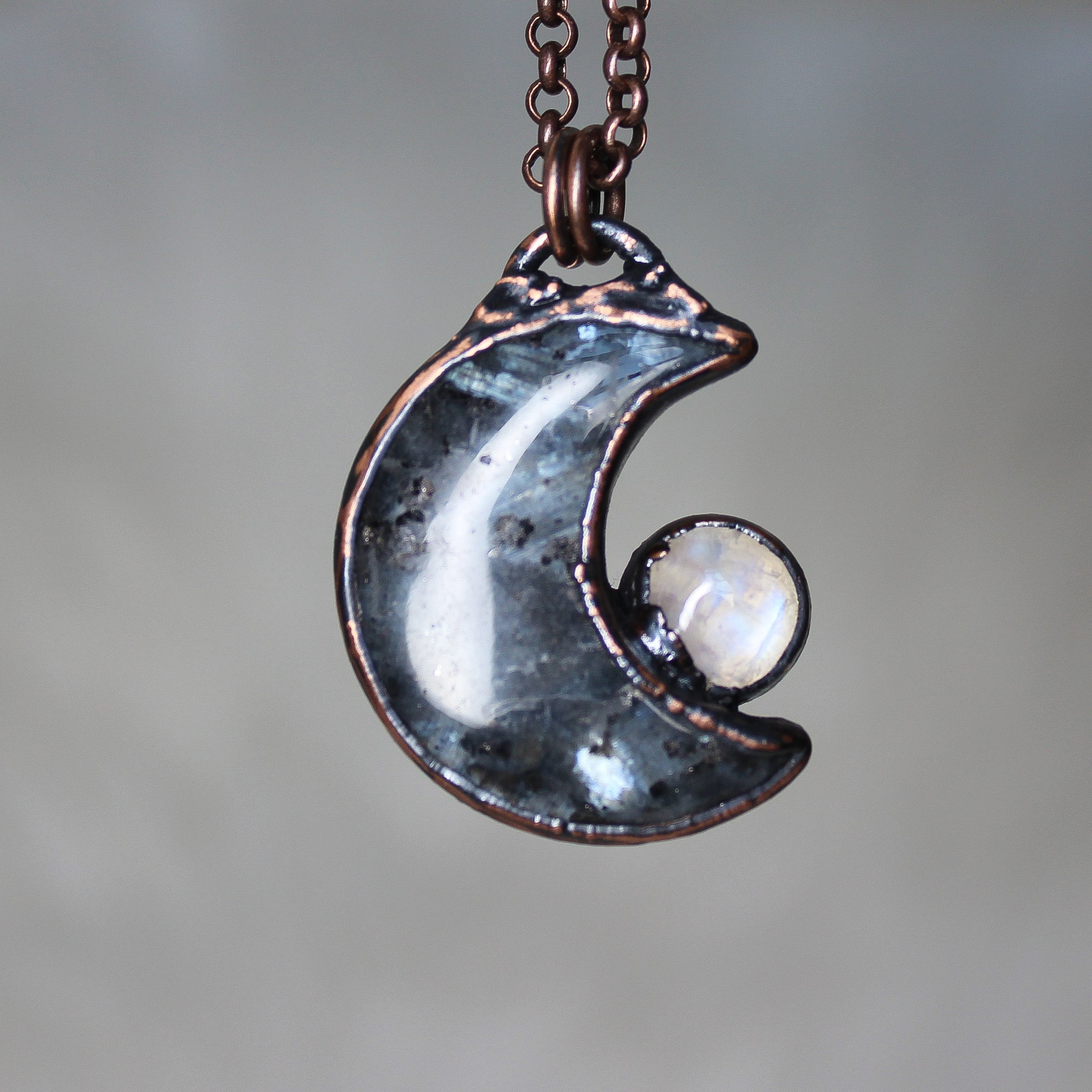 Larvikite and Moonstone Moon Necklace - A